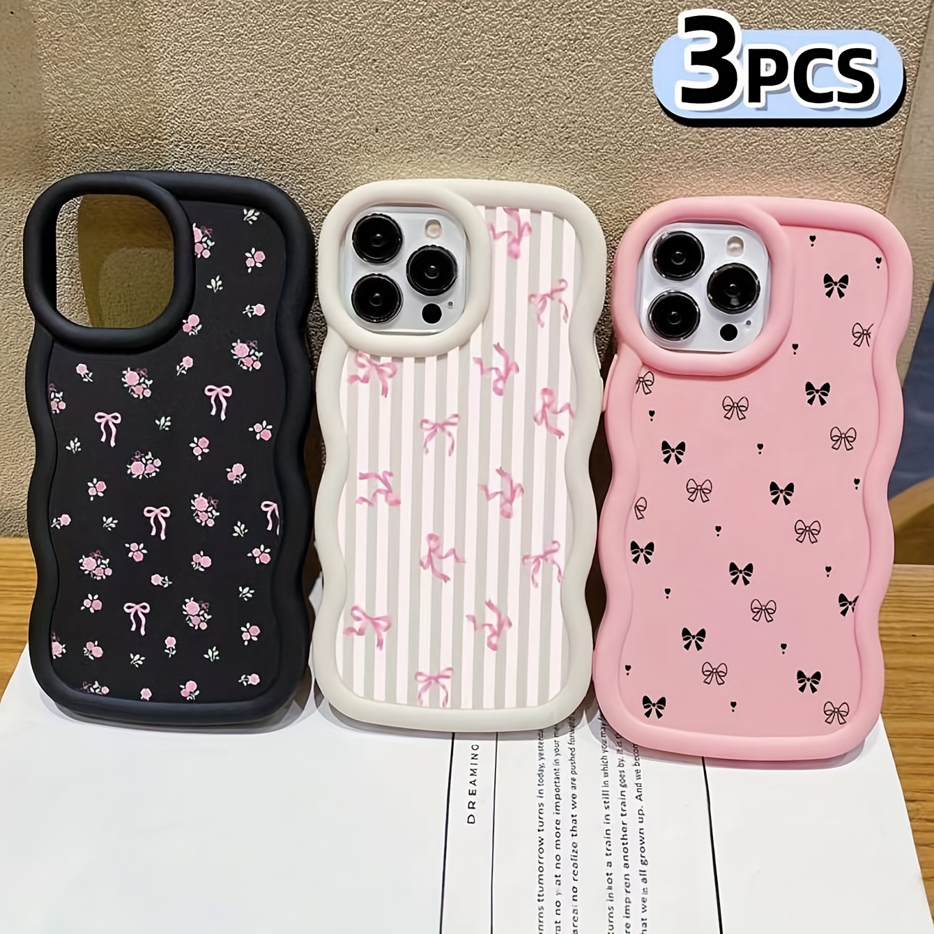 

3 Coques de protection en silicone anti-chute pour téléphone portable avec bordure à grandes vagues, adaptées aux téléphones portables Apple.