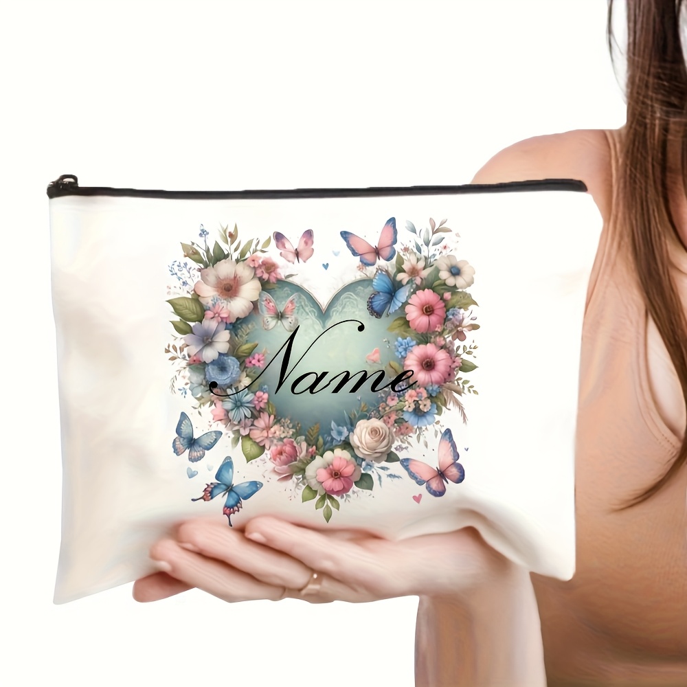 Custom Name/text Flower Wreath Wedding & Graduation Makeup Bag - Book With Custom Flower & Designs, Dark Zipper - Elegant Gift Suitable For Women, Moms, Daughters - Unisex Practical Beauty Accessory