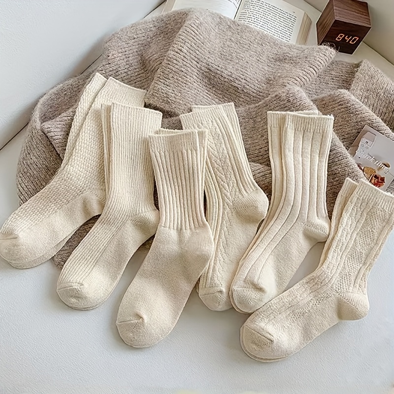 

6 Pairs Women's Geometric-patterned Knee-length Socks, 95% Polyester 5% Spandex, Rib-knit, Fleece-lined, Warm Maternity Socks, Casual Mid-calf Socks For Boots