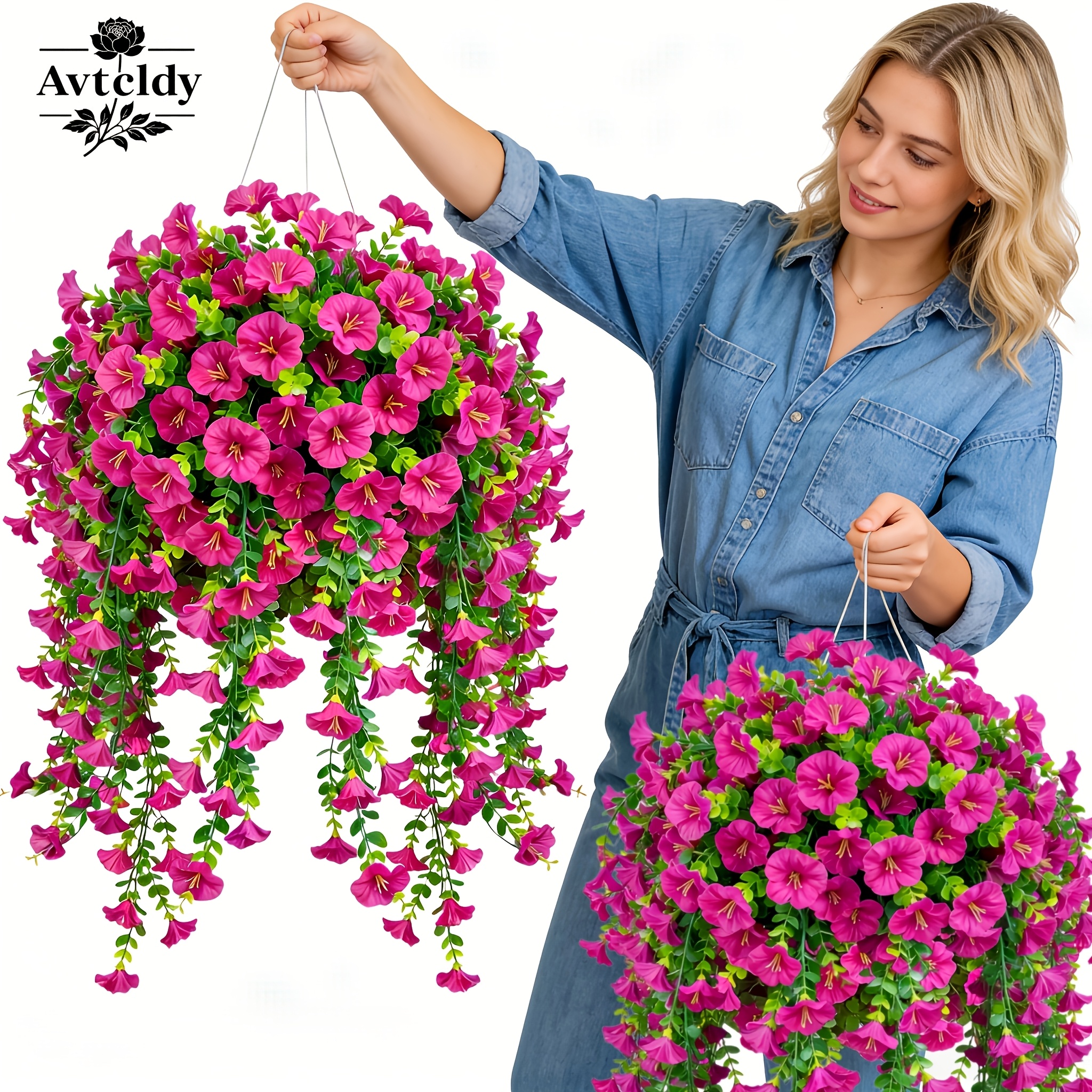 item picture avtcldy 2pcs rose shadow hanging ornament outdoor artificial hanging flower vine uv resistant   hanging artificial   bouquet spring and summer decoration suitable for outdoor garden patio porch window box decoration