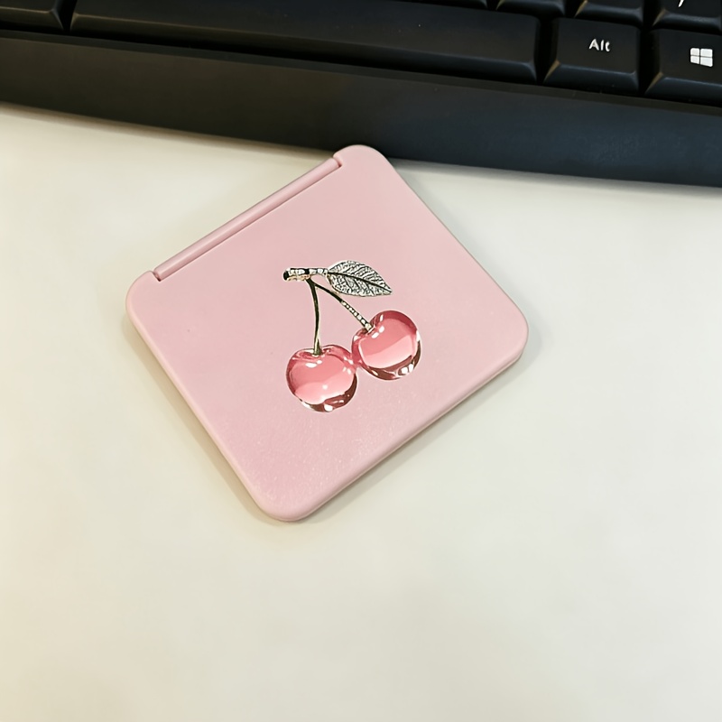 TEMU 1pc 1pcs Pink Transparent Cherry Portable Folding Mirror - Compact Square Pocket Mirror Suitable For Women & Girls, Lightweight Travel Mirror