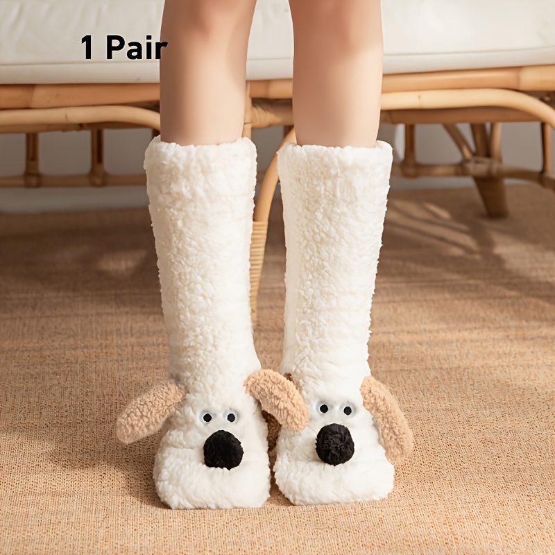 TEMU 1 Pair Women's Cute Puppy Floor Socks In Black/apricot/white, And Machine Washable. Cartoon Animal Fluffy Socks, , Warm And Comfortable Indoor