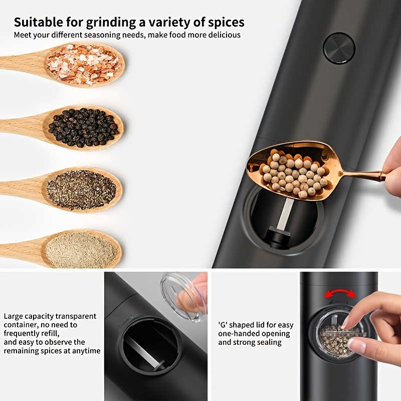 1pc/2pcs Intelligent Sensing Electric Grinder, Electric Salt and Pepper Grinder, Automatic Black Pepper Grinder, White Pepper Grinder, Convenient, Durable and High-looking Electric Grinder, Suitable for Home Kitchen, Parties and Dinners