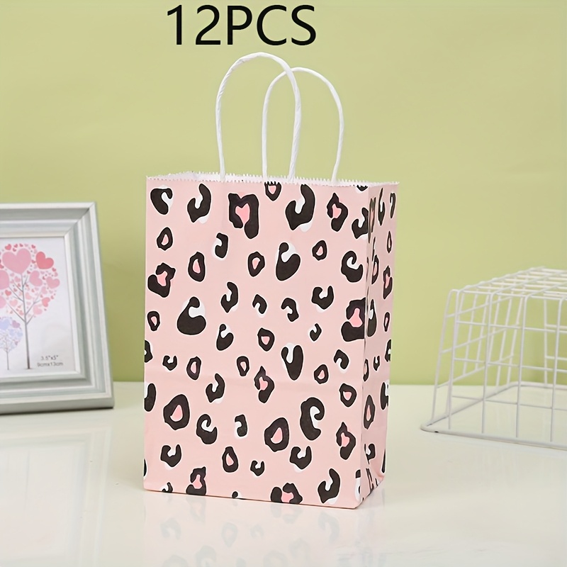 Image of 12pcs Pink Leopard Print Paper Tote Bags For Birthday Party Favors, Holiday Decorations & Small Business Packaging, Small Gift Bags