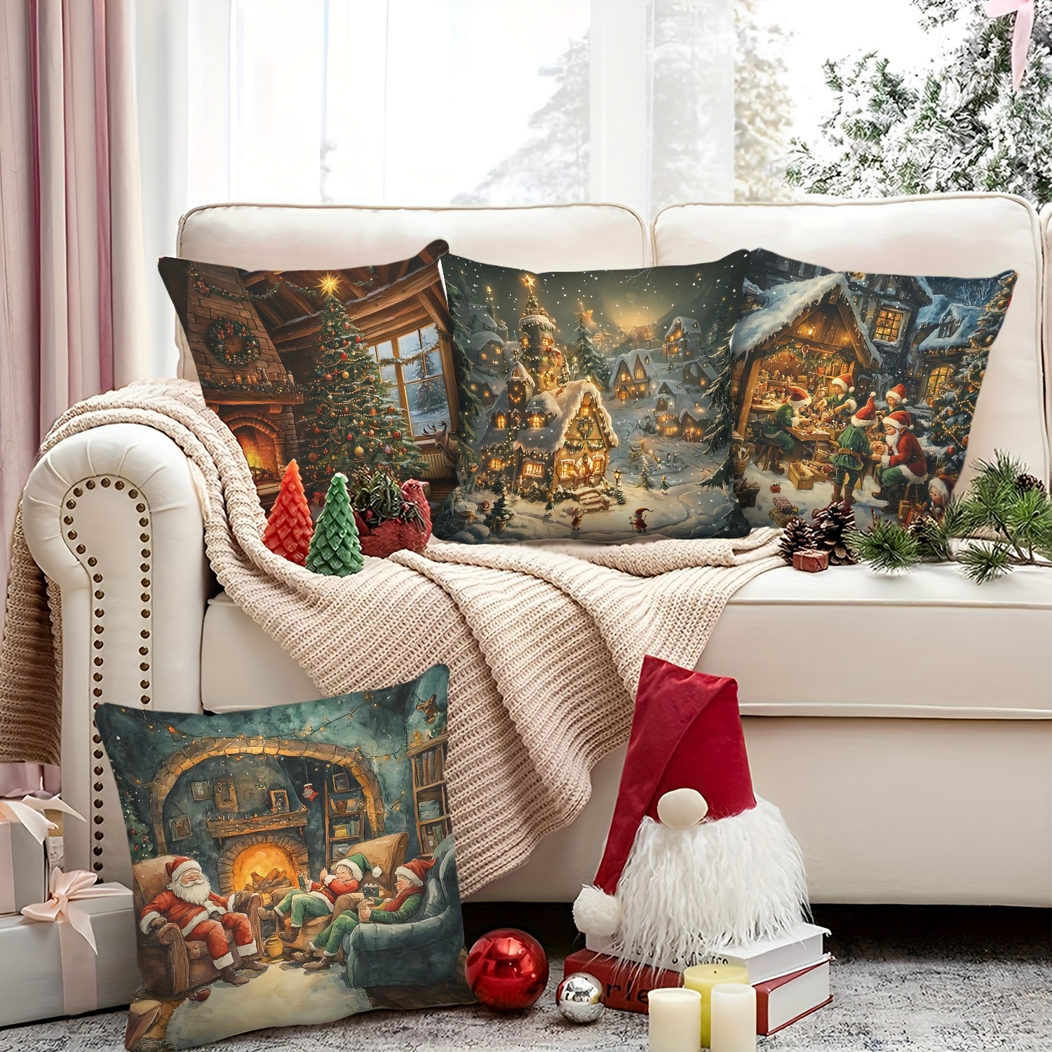 

Vintage Christmas Scene Throw Cushion Covers, Set Of 4, Polyester Woven Zippered Cases, Machine Washable, 18"x18", Festive Home Decor For Sofa, Bedroom, Office - No Inserts Included