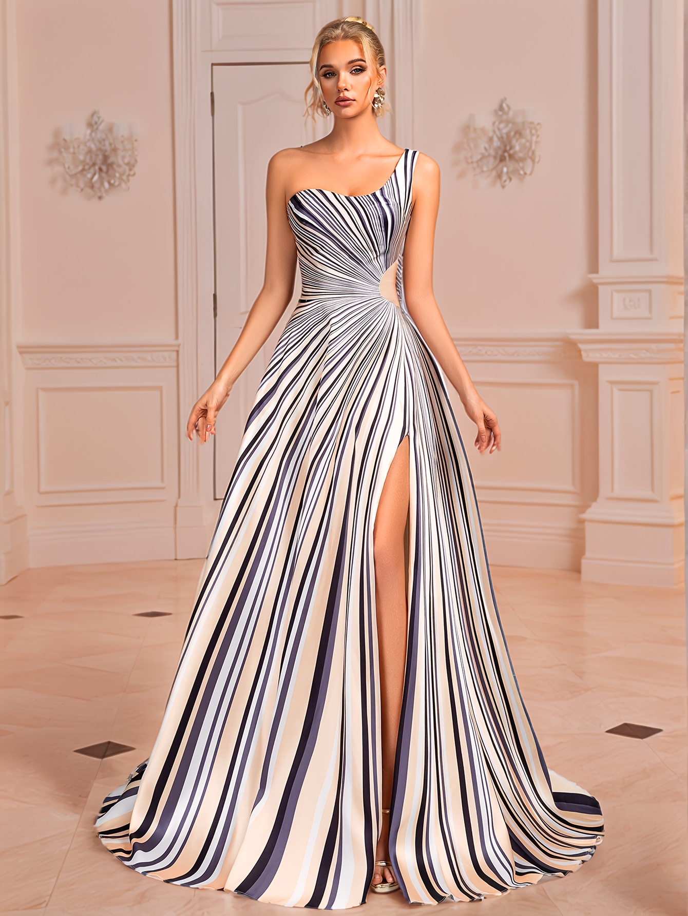 shoulder striped evening gown women guanghan featuring - Temu Australia