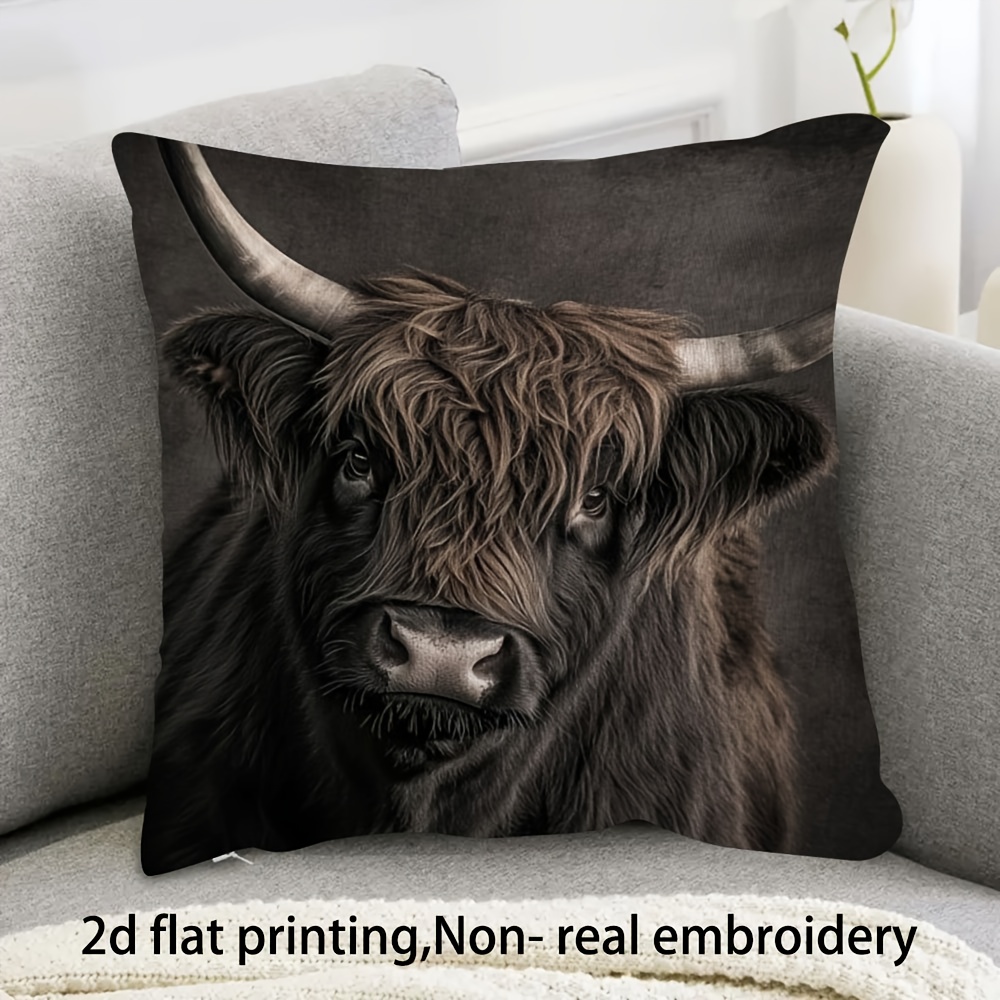 TEMU 1pc Highland Cow Throw Pillow Cover - Black & White Scottish Cow , 18x18 Inch Soft Decorative Cushion Case With Zipper Closure, Machine Washable