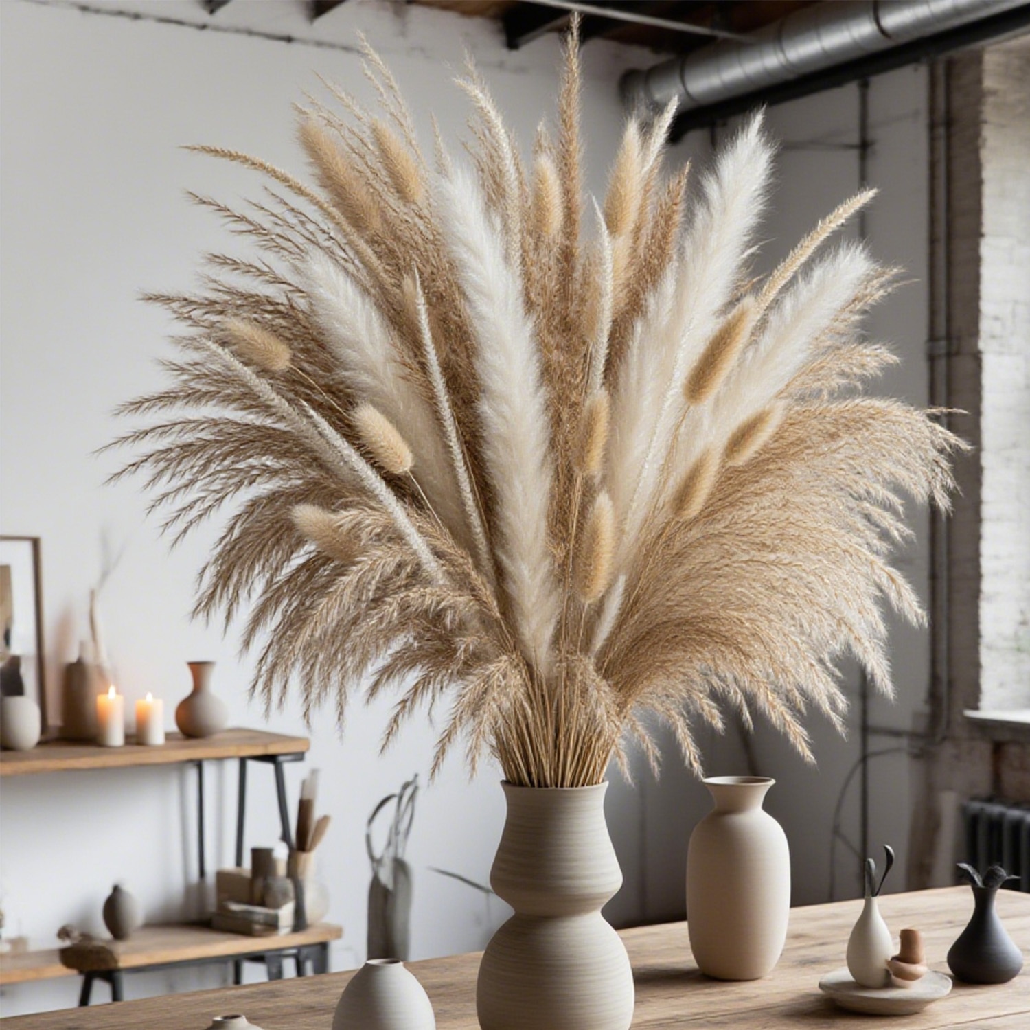 221pcs Pampas Grass , Mixed Pampas Grass Bouquet | Dried Pampas Arrangement For Bohemian Weddings, Home Table And Desk Decoration, Rustic Farmhouse Style, In White, Brown, And Cream