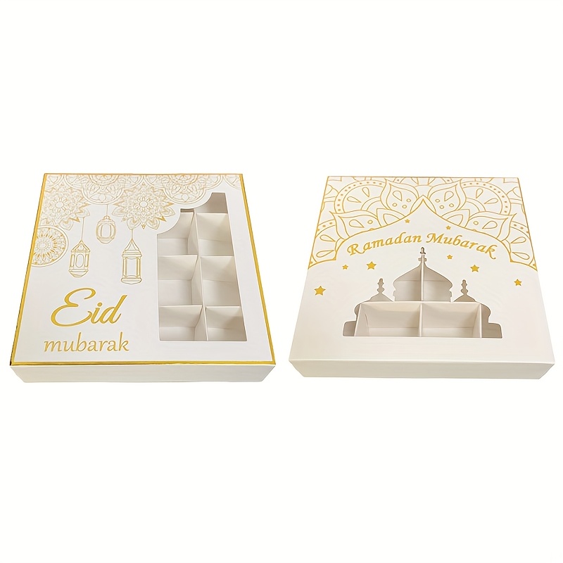 

4 boîtes cadeaux de bonbons et de chocolats Eid , design en avec fenêtre découpée, avec estampillage en doré, pour des cadeaux festifs