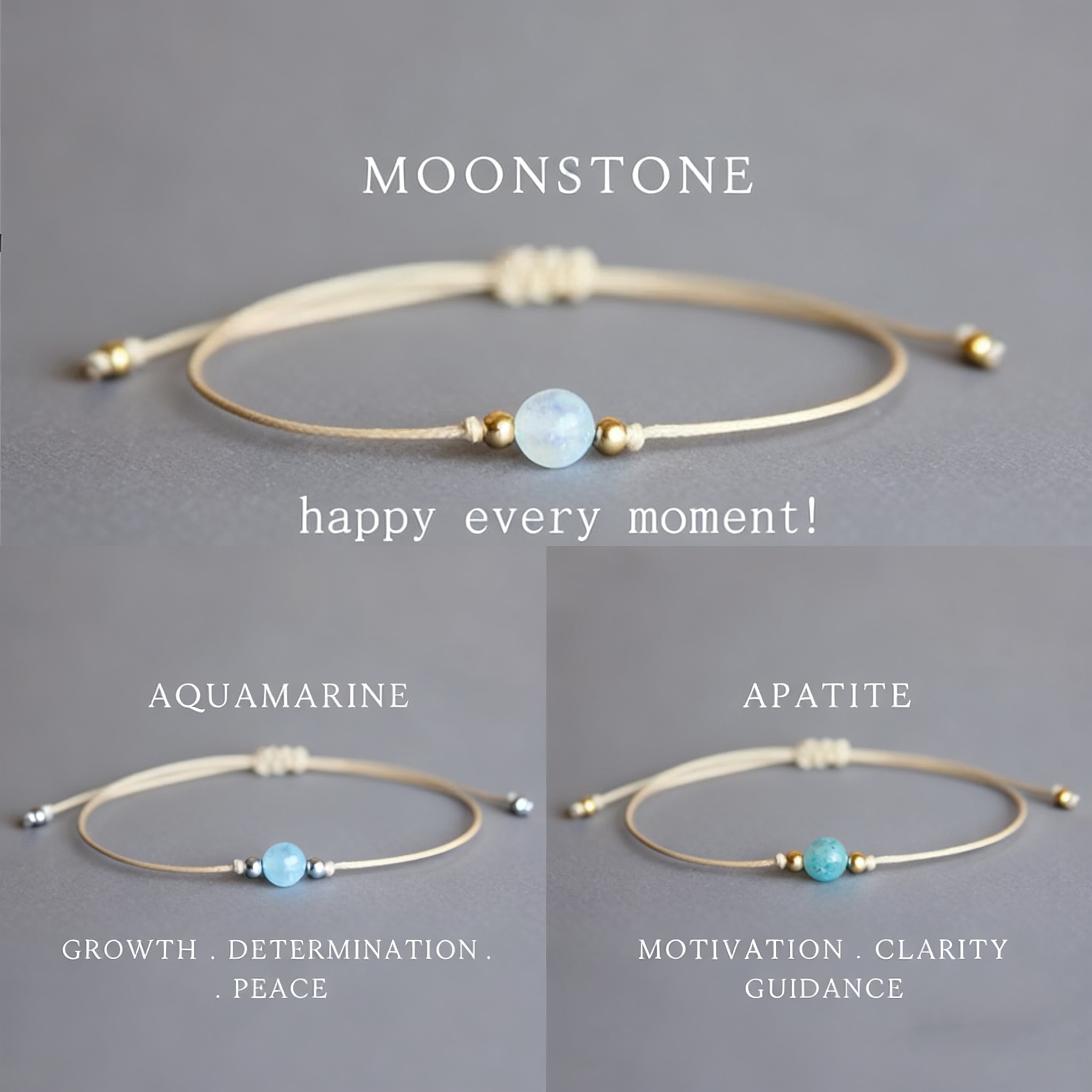 E-shop Set mit 3 einfachen, natürlichen Mondstein-Armbändern mit Kordelzug | Unisex, verstellbar elastisch | Stilvolles Geschenk für den täglichen