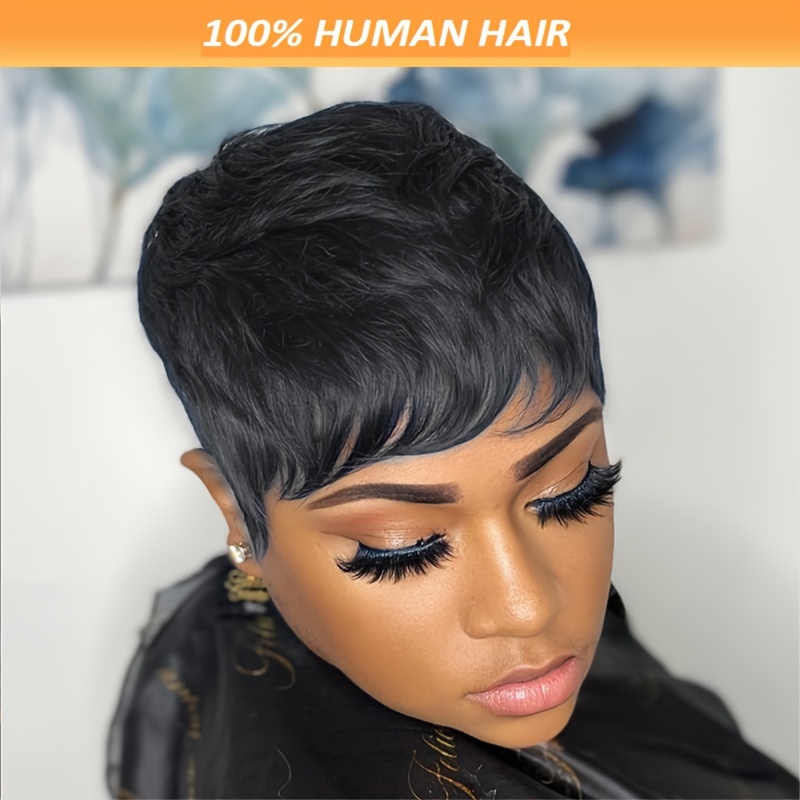 

Women's 1b Color Short Wig With Bangs, 4 Inch Straight Human Hair, 150% Density, Rose Cap, Chic , Black Hair Extension For Women