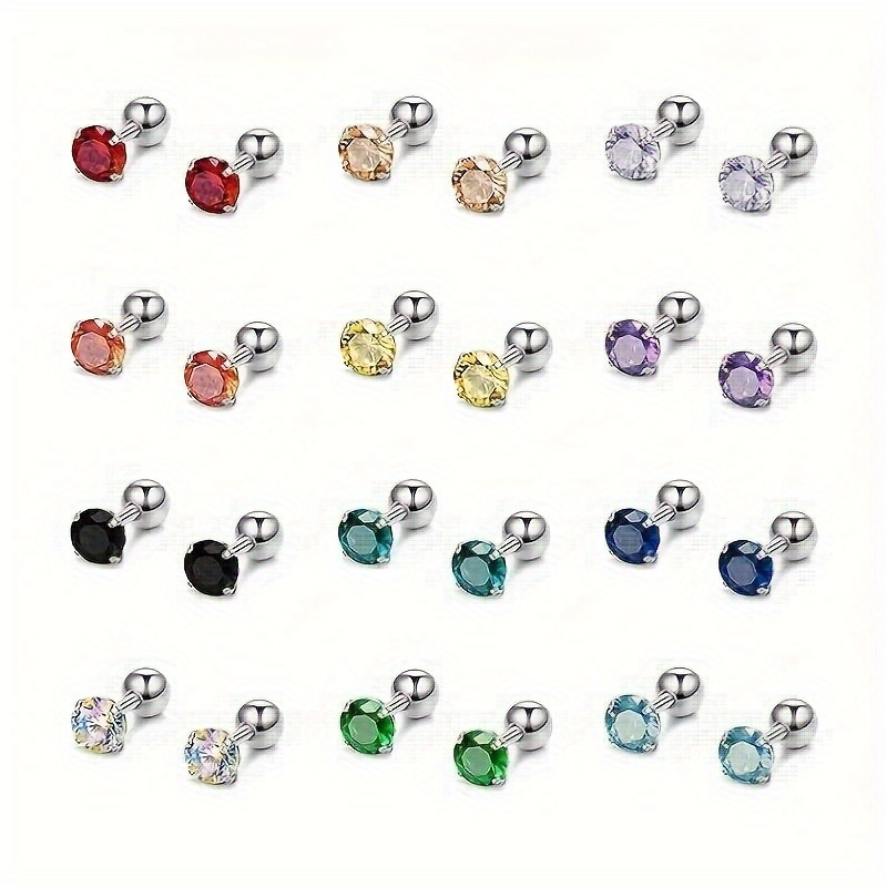 

12 Pairs Of Stainless Steel Stud Earrings Set Inlaid Shiny Faux Crystal Simple Style Body Piercing Jewelry Set