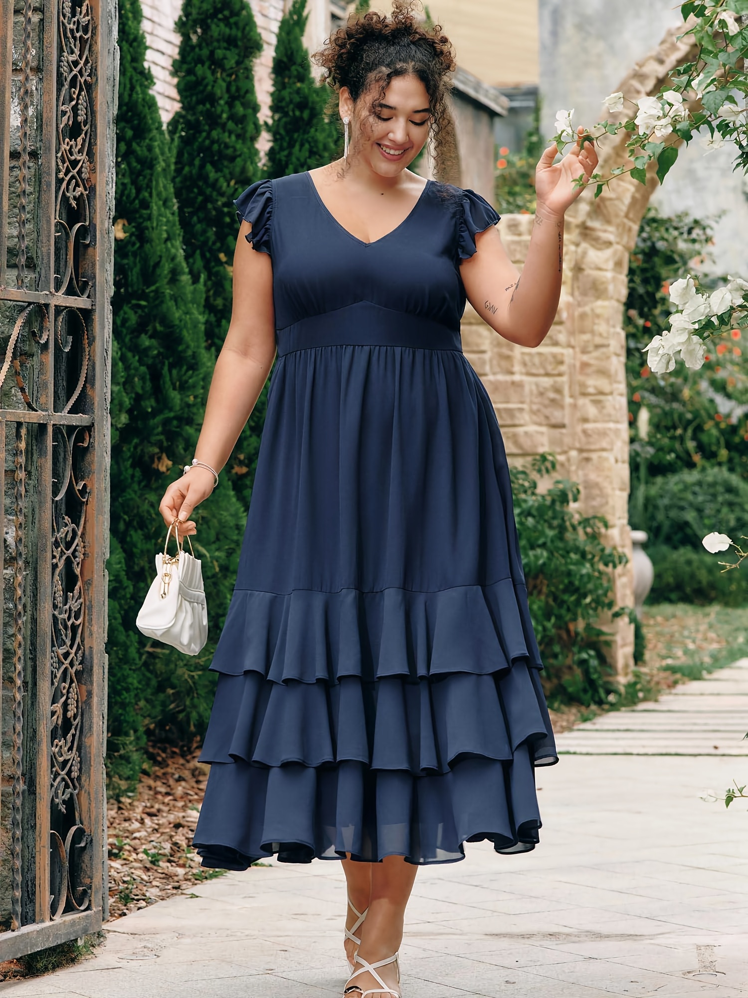plus size navy blue dress formal Size, Women's Plus Tiered Ruffle Midi Dress, V Neck Cap Sleeve Pocketed Flowy Evening flattering plus size dresses