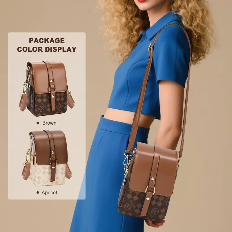 2025 new womens multi layer lightweight crossbody bag large capacity coffee linen shoulder bag with zipper closure stylish checkered pattern hardware for travel work versatile travel accessory modern checkered design hardware Product details 0