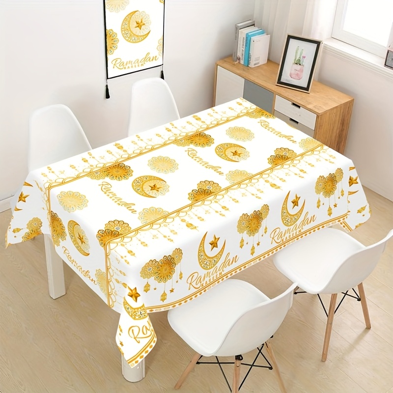 

1pc White & Golden Ramadan Disposable Plastic Tablecloth, 130x220cm, Moon & Lantern & Star Pattern, Machine-made Party Decor, Eid Al & Home Celebrations