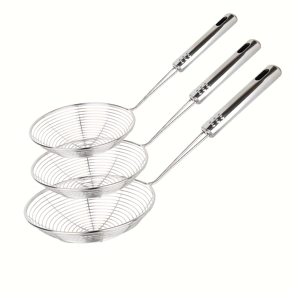 E-shop 3-teiliges Edelstahl-Spinnensieb-Set – Langlebiger Schaumlöffel mit langem Stiel, geeignet für Frittieren, Pasta Nudeln – Lebensmittelechtes