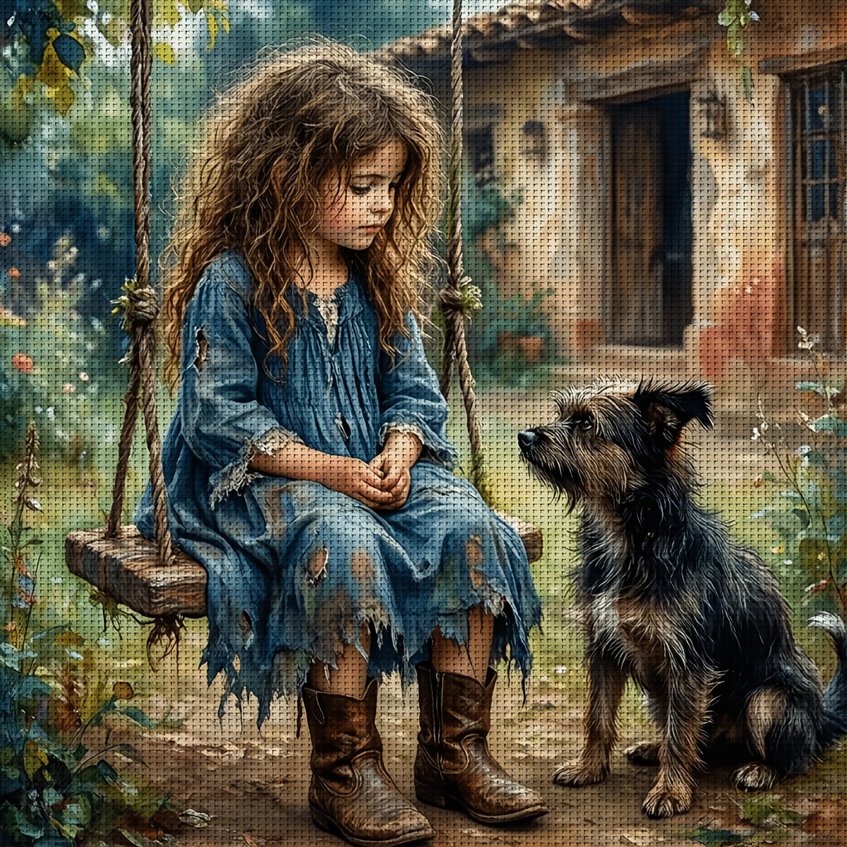 TEMU 1pc Jozysh Cross- Adult Kit Suitable For Embroidery Crafts With Pre-printed Canvas, 30x30cm/40x40cm Country Girl & Dog Swing Pattern,