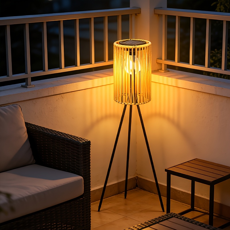 1pc Of Rattan Woven Solar Floor Lamp, Outdoor Garden Deck Light, Spring Outdoor Restaurant Table Atmosphere Lighting Fixture, 2 Installation , Induction Control, 3 Kinds Of Height Adjustable
