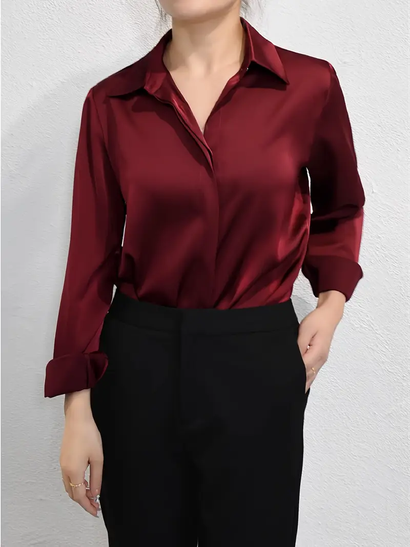 elegant womens satin long sleeve shirt burgundy - Temu elegant womens satin long sleeve shirt burgundy - Temu