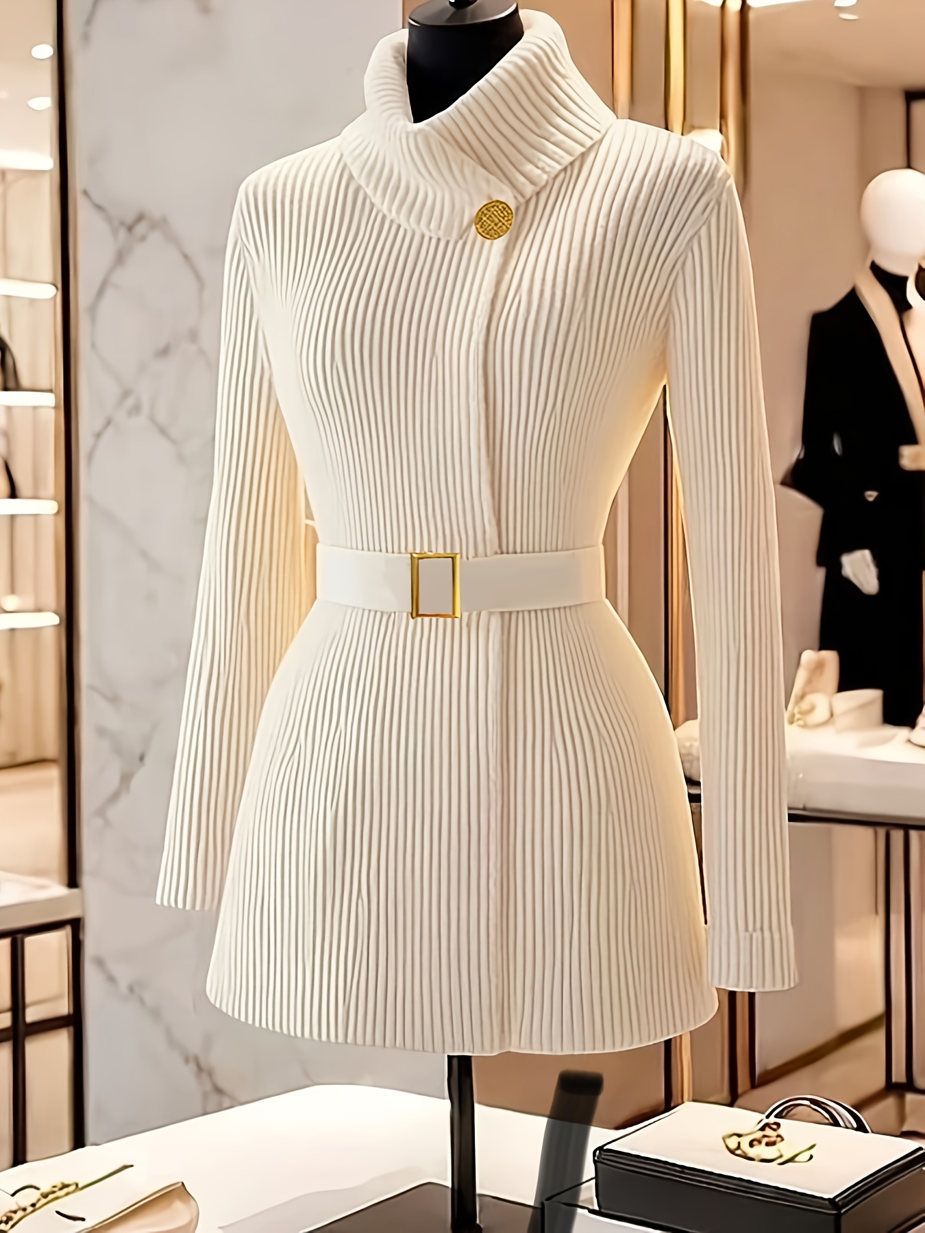 Women'S Elegant High Neck Cardigan - Chic Office to Party Sweater with Belt, Long Sleeve Button-Front Closure, Fall/Winter Layering Piece for Everyday & Formal Outfits