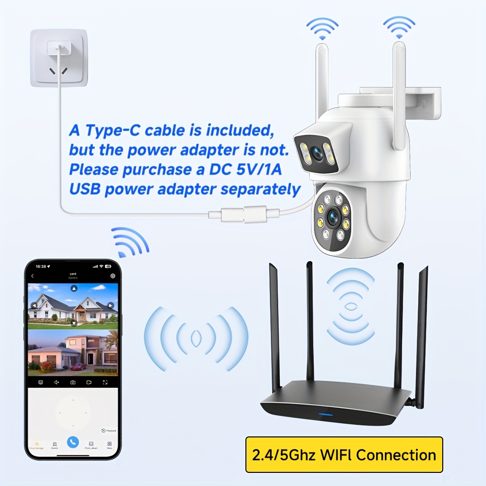 dual lens security camera outdoor 2 4g 5g wifi home surveillance camera 355 panoramic view ptz cctv camera motion detection two way audio night vision sd cloud storage requires payment eseecloud app details 10