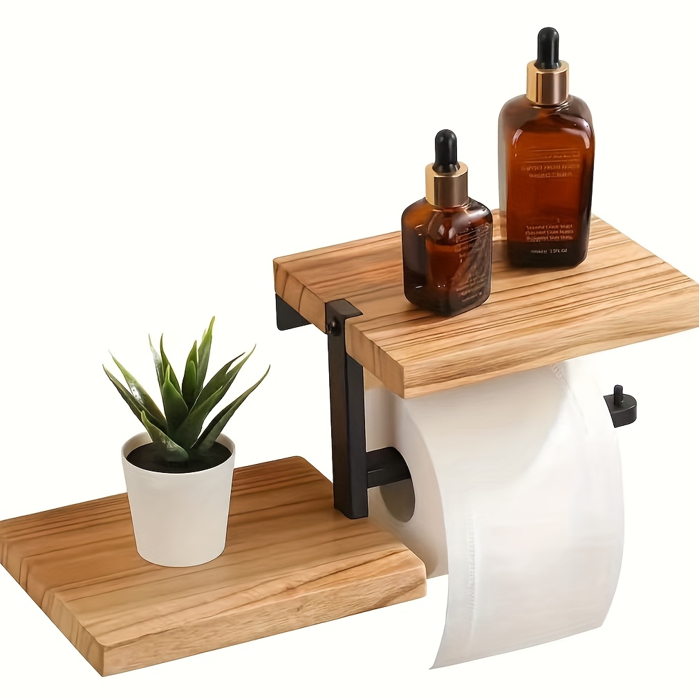 E-shop Zweilagiges Regal für Toilettenpapierhalter aus Massivholz und Schmiedeeisen für das Badezimmer