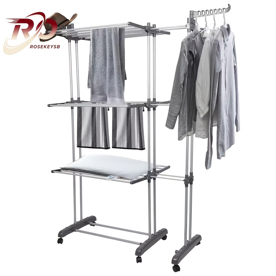 3-layer 360° Rotating Folding Drying Rack With Wheels - Space- Golden Metal Drying Rack, Suitable For Clothes, Towels, Socks, And Shoes, Drying Racks