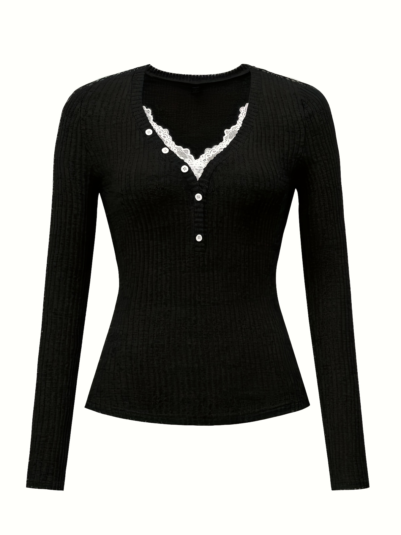 女士休闲针织 v 领蕾丝拼布纽扣装饰长袖秋冬上衣 女士秋季服装 商品详情 9