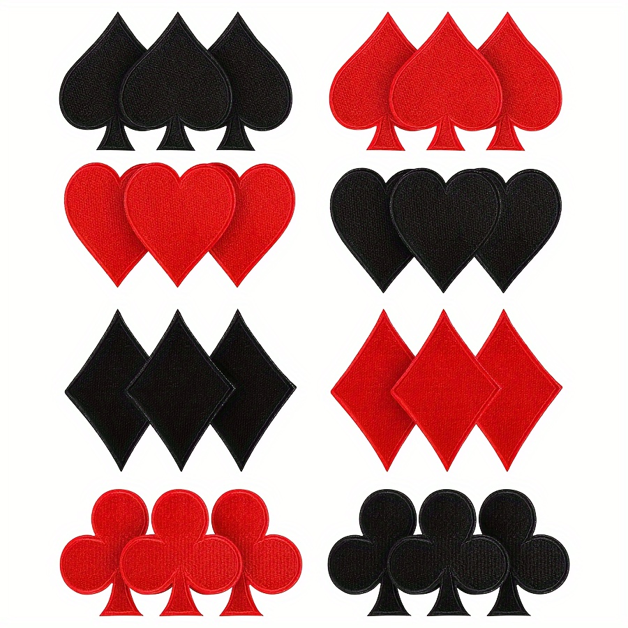 

24pcs Novelty Poker Iron-on Patches For Halloween Costumes, Polyester Game Card Patches, Red And Black Hearts Spades Clubs Embroidered Patch Set For Jeans Hats Bags Clothing