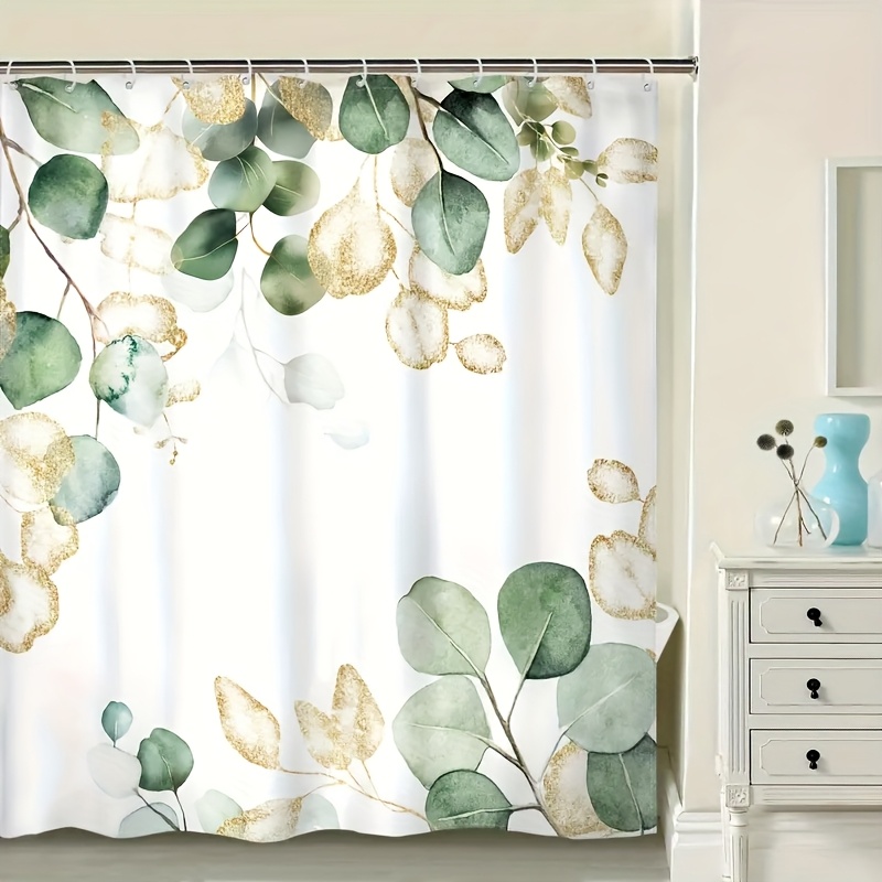 TEMU 1pc Modern Minimalist Theme Shower Curtain With Green Leaf And Pattern, Washable, Polyester Material, Hook Delivery, Perfect For Bathroom Shower