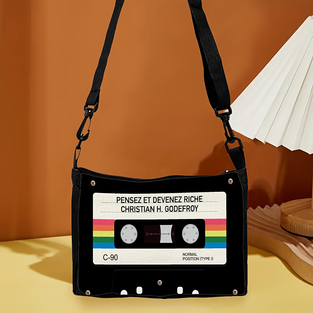 Image of 1pc With Cassette Tape Design Polyester Shoulder Bag, Geometric Pattern, Cartoon Theme, Machine Washable, Zipper Closure, With Crossbody Strap For Travel And Daily Use