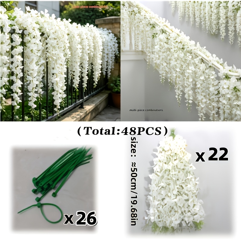 TEMU 48pcs Set: 22 White Diy Artificial Wisteria Flowers + 26 Ties, Suitable For Indoor/outdoor Hanging Decorations. Elegant White, Ideal For Wedding