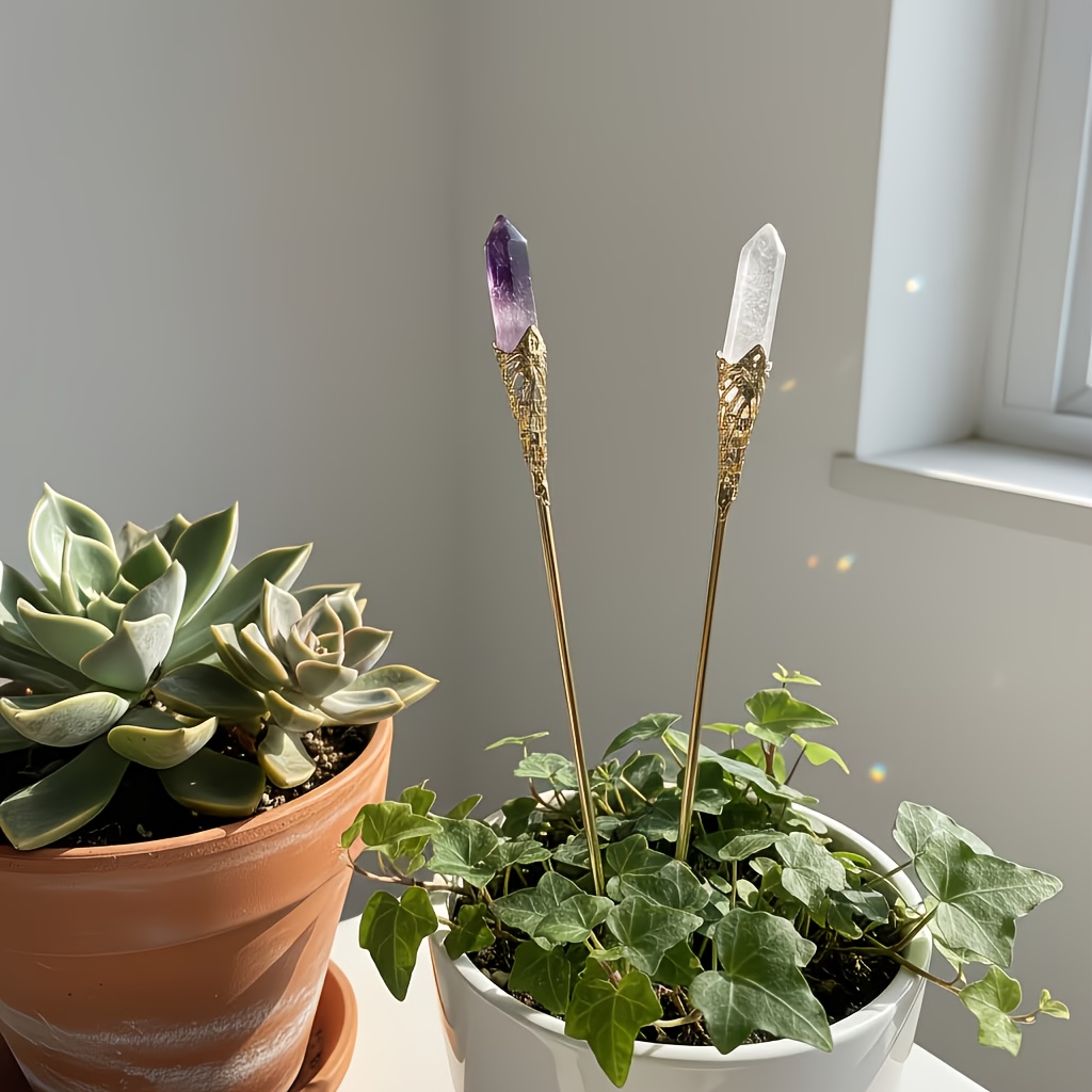 TEMU [3d] 2 Crystal Plant Stakes With Clear Quartz And Amethyst, Pots And Plant Stand Decorative Sticks, Copper Indoor Plant Accessories, Unique