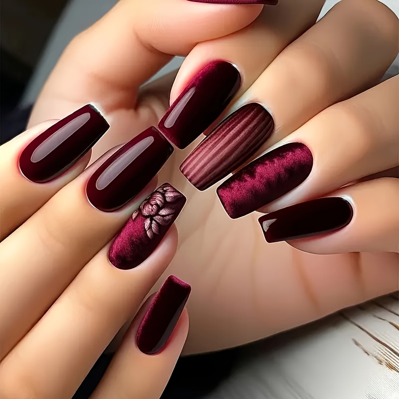 24pcs Of European Press-on Nails With Sweet Sparkling Floral Burgundy High-end Design Ballet Style Short False Nails Suitable For Teens And Women Gift Set Includes 1 Gel Polish And 1 Nail File