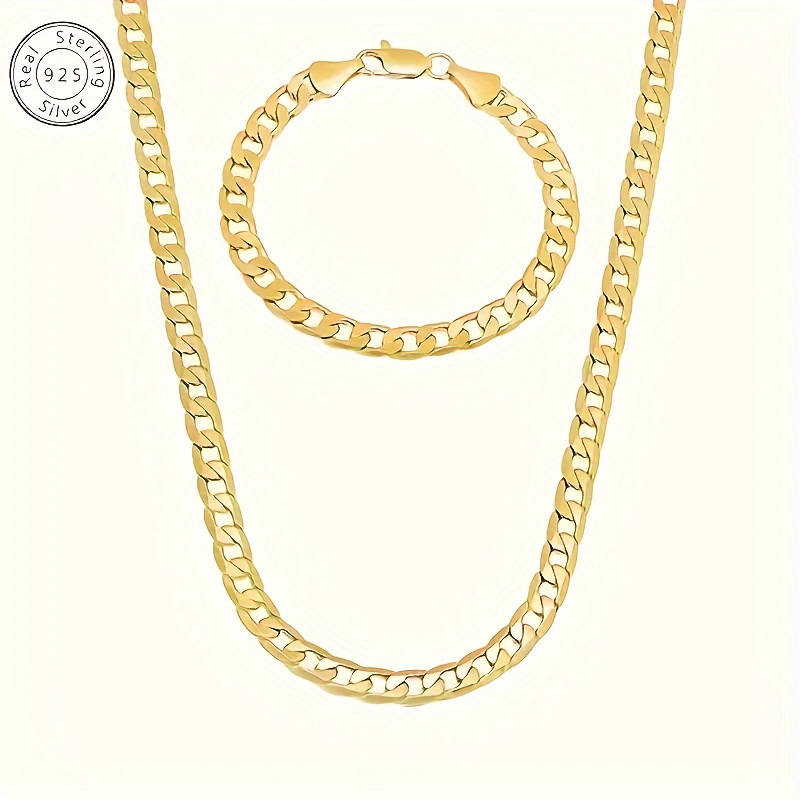 TEMU 925 Silver Men's Jewelry Set, Necklace Length 23.6 Inches, Bracelet Length 9 Inches, Golden 8mm Cuban Chain Set, Easy And Stylish For Men,