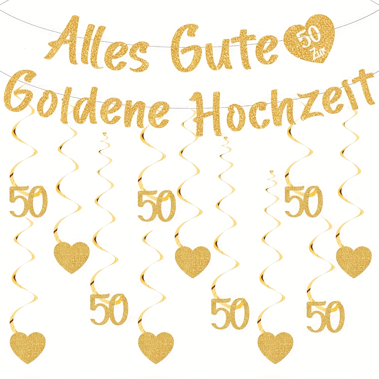50th Anniversary Party Banner With Heart Glitter Cardstock Decorations And Hanging Additions Set