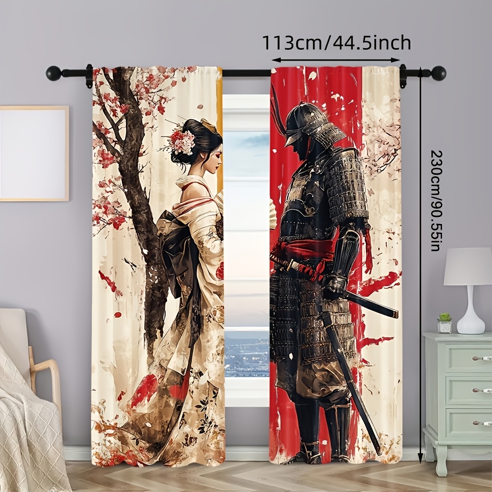 TEMU 2d Flat - 2d Flat - 2d Flat, 2d Printing 2pcs Japanese And Geisha Cherry Curtains - Vintage Style, Semi-transparent Polyester Fabric With Rod