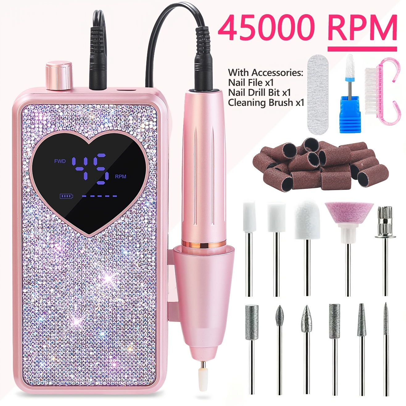 TEMU Nail Drill Machine With Large Lcd Display, 45, 000 Rpm Professional Electric Nail File, Buffing, Compact & Portable With Belt Clip For Easy