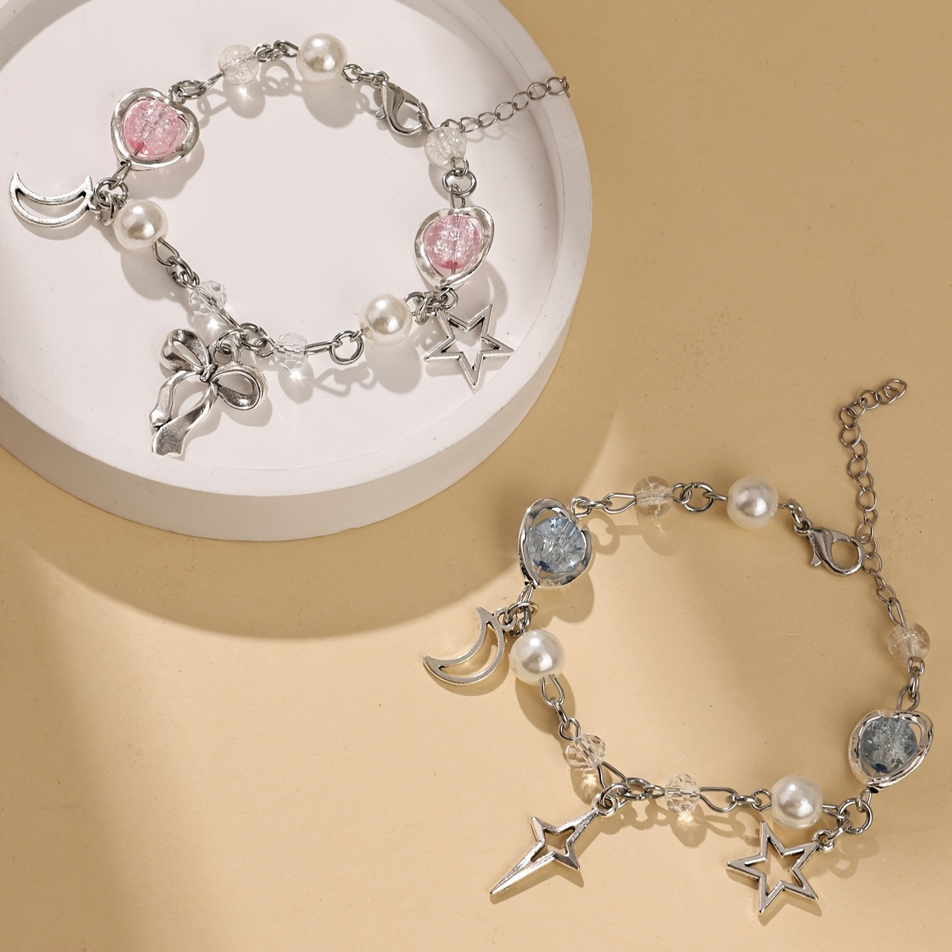 

2pcs Y2k Moon Star &bowknot Charm Chain Bead Bracelet For Women Men Friendship Bracelet
