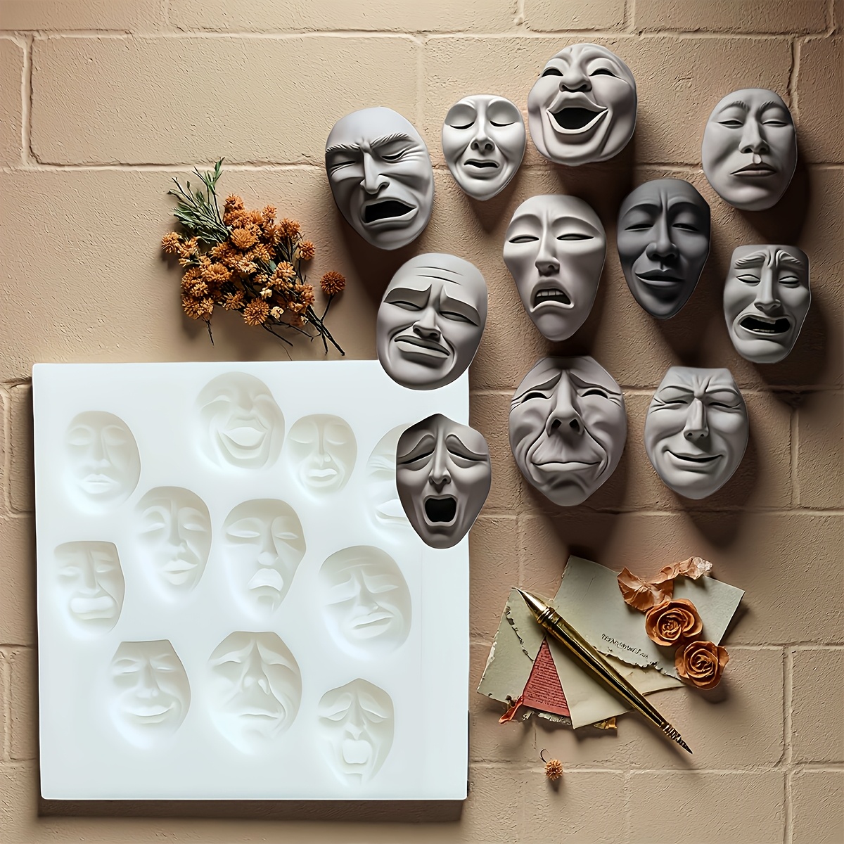 TEMU 1 pièce Moule en silicone sur le thème des masques émotionnels, Moule à bougie, Moule à savon, Moules à résine, Moule décoratif DIY pour pâte à