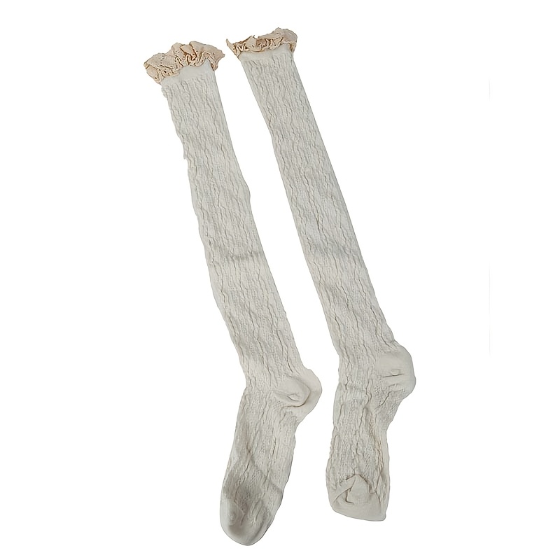 TEMU 1 Paire de Chaussettes Japonaises Douces en Dentelle à Volants pour Femmes, Chaussettes de Style Lolita Rétro Tricot Câble, Chaussettes de Style