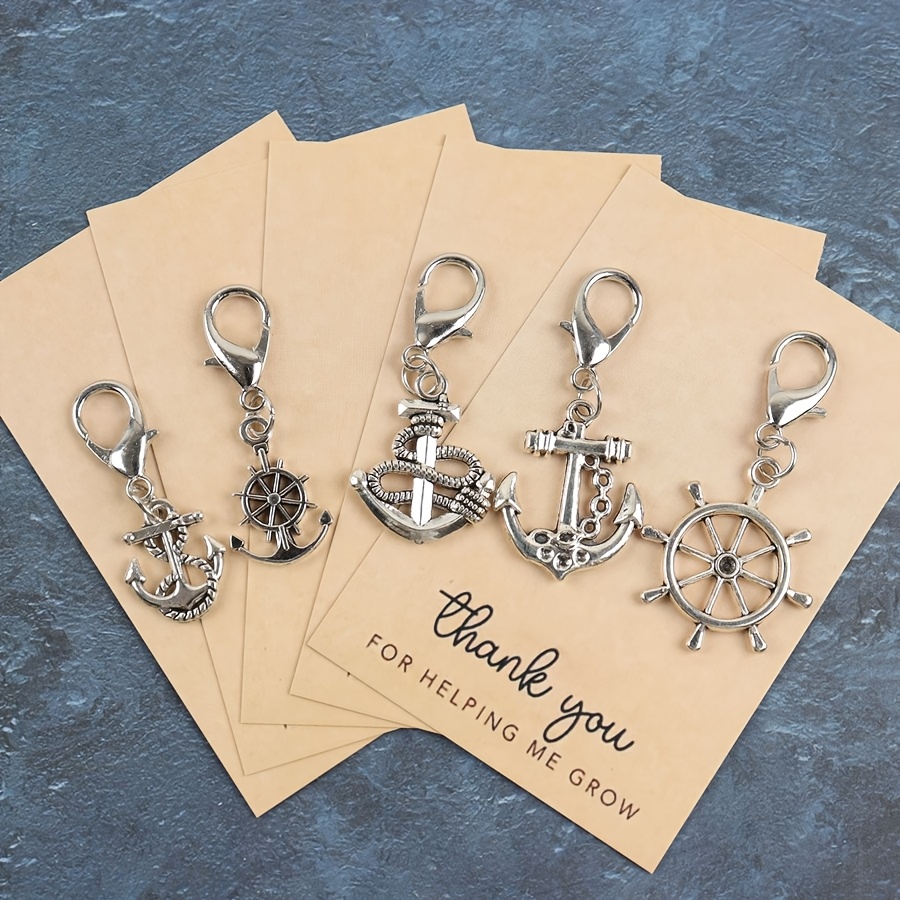 TEMU 5pcs Nautical Ship Anchor Steering Wheel Keychain Set With Positive Thank You Card, Suitable For Party Decorations, And As Gifts For Nautical