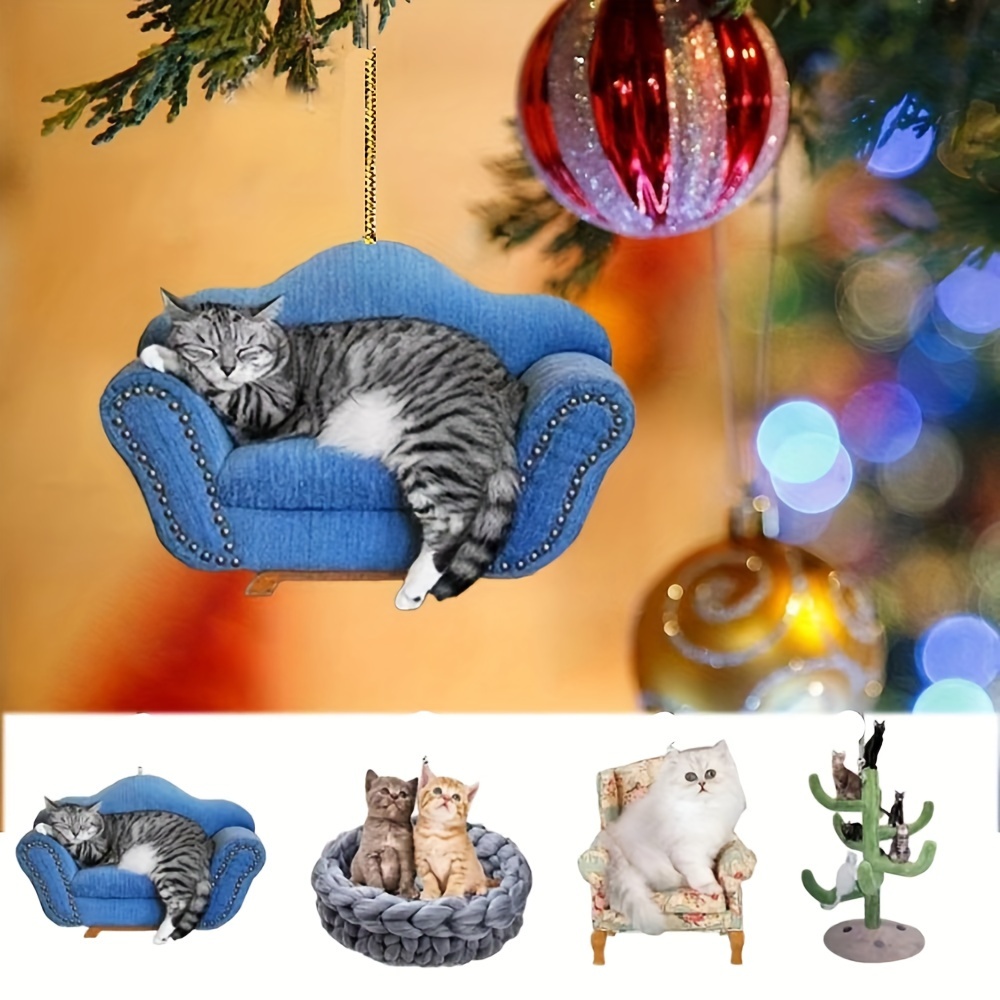 

4-piece Set Of Cute Cat Sofa Acrylic Ornaments For Christmas Tree Decor, Festive Season Hanging Charms For Home, Car, And Backpack Decoration