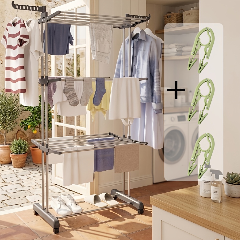 Foldable Drying Rack, 4-layer Drying Space With Windproof Hook Design, Drying Capacity, Equipped With Casters At For . Suitable For , Indoor Drying Of Clothes And Shoes, Etc., Drying Racks