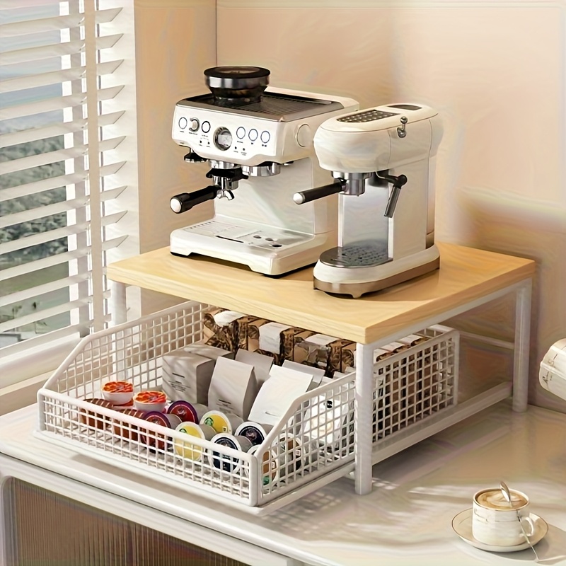 Space-Saving 2-Tier Kitchen Countertop Organizer with Drawer & Wire Basket  Shelf - Modern * Suitable for Coffee Maker, Utensils, Spices Storage,  Microwave Shelf, Sturdy Hardwood & Metal Frame for ...