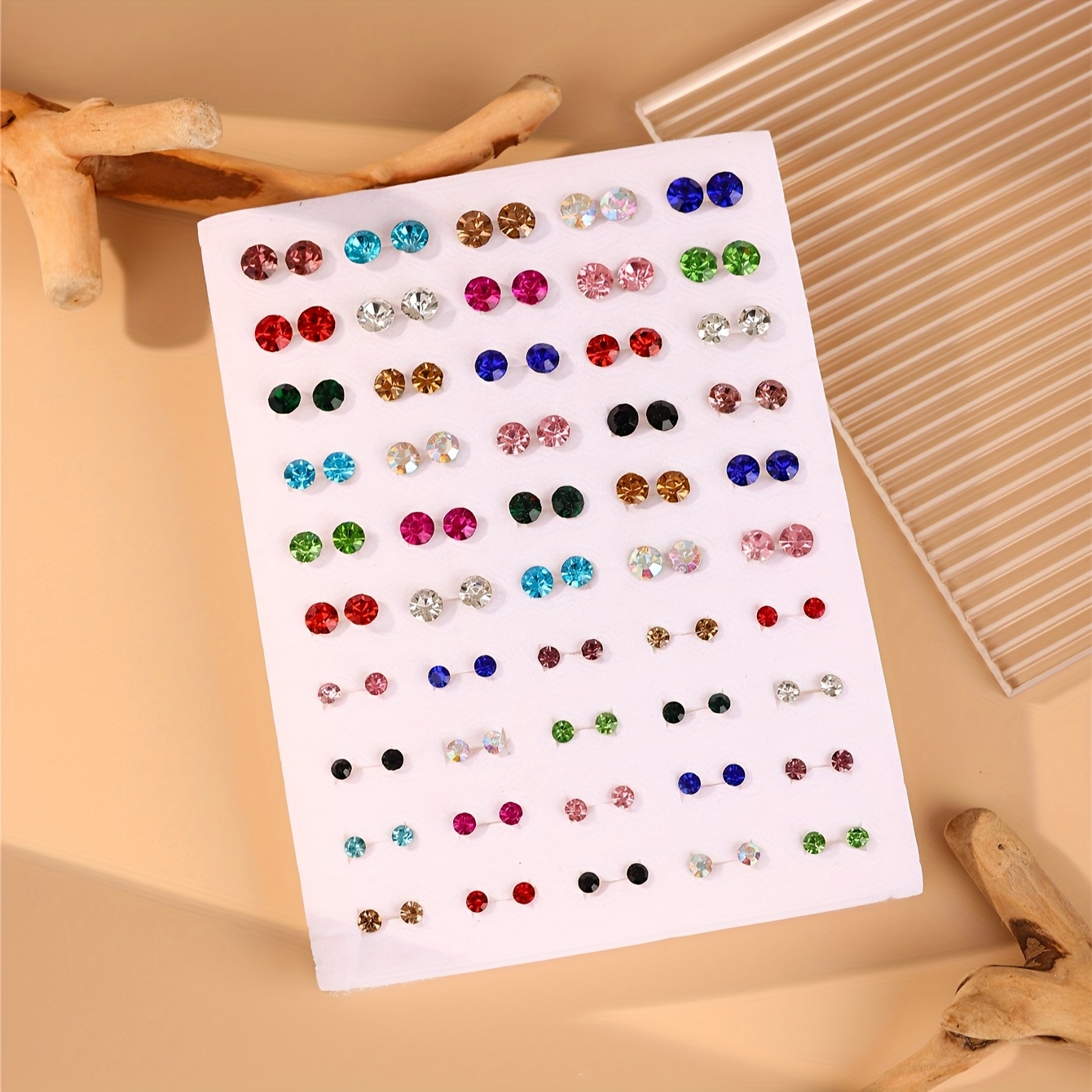 TEMU 50 Pairs Of Minimalist Sponge-filled Assorted Sizes All-white All-colored Rhinestone Plastic Stud Earrings Set