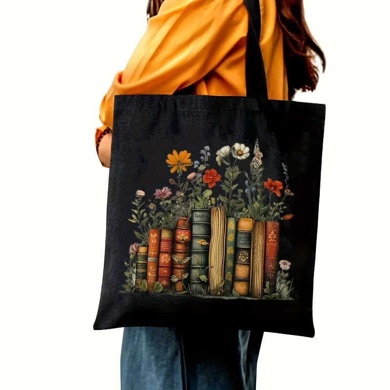 

Canvas Tote Bag With Flower And Books Print – , Machine Washable, Foldable Lightweight Shoulder Bag For School, Shopping, And