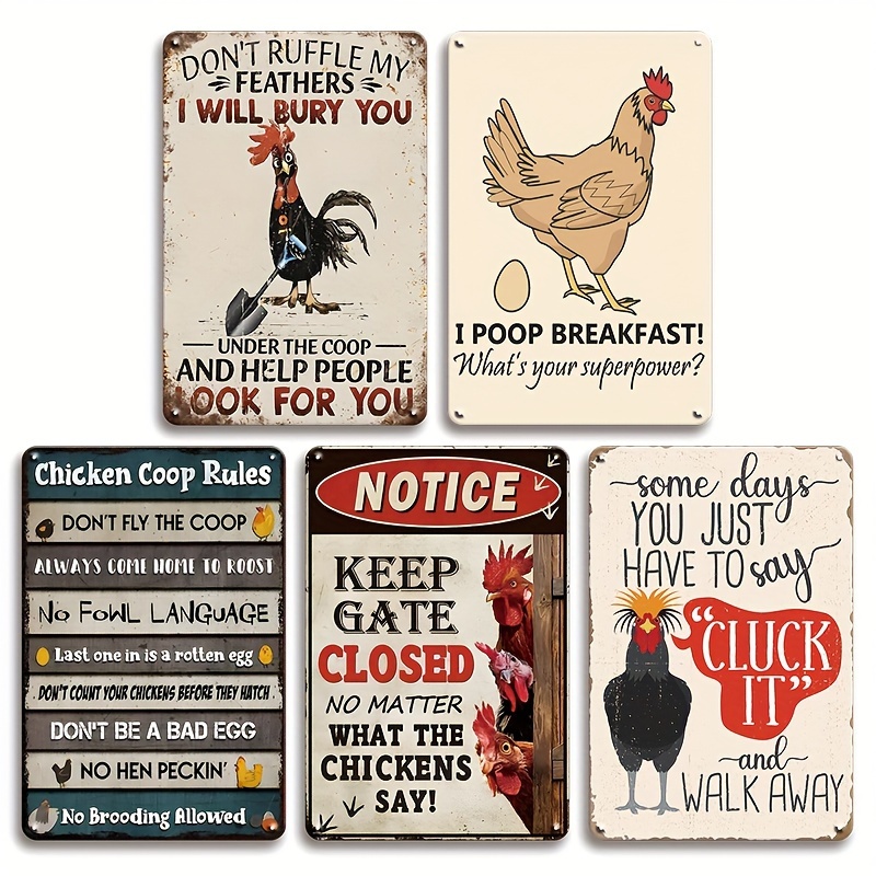 

5pcs Rustic Chicken Coop Metal Sign Set - Humorous Farmhouse Wall Decor, Tinplate With Pre-drilled Holes For Easy Hanging, Home & Outdoor Use, 8x12 Inches