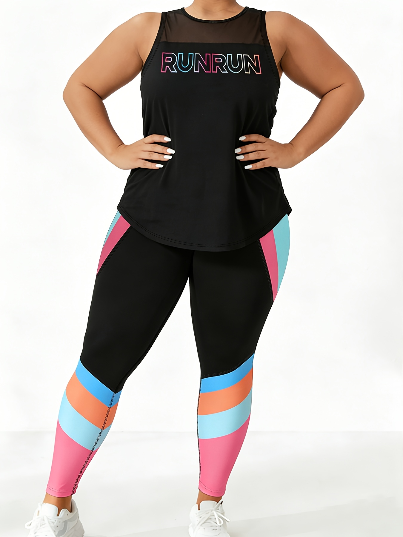 Breathable Mesh "RUNRUN" Printed Tank Top + Contrasting High-Waisted Leggings Plus Size Sports Set