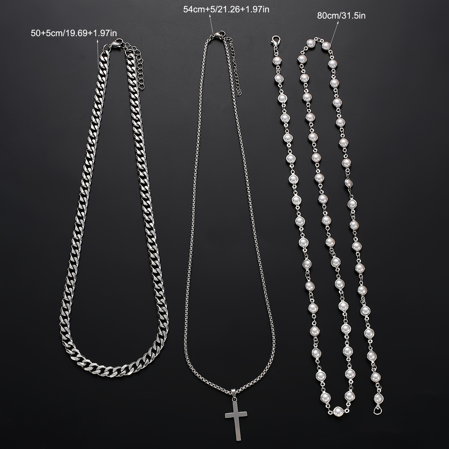 3 pièces collier y   pour homme avec croix en acier inoxydable et perles  , ensemble de chaînes superposées - cadeau idéal petit   (rencontre   vacances fête), accessoire élégant bijoux masculins design moderne     chaine multicouche   pour passionnés de joaillerie Détails du produit 0